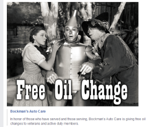 Bockman's Auto Care Veteran's Day Free Oil Change